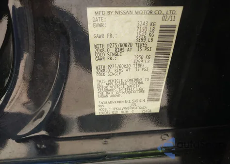 2011 Nissan Armada Platinum from USA, damaged, VIN 5N1BA0NFXBN615644